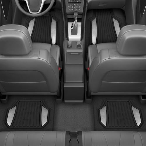 Motor Trend ChromeTech Car Floor Mats Full Set - Durable Rubber Floor Mats for Cars with Two Tone Accent, All Weather Interior Protection for Front and Rear with Non-Slip Backing, Silver Chrome - color: Black & Silver Chrome
