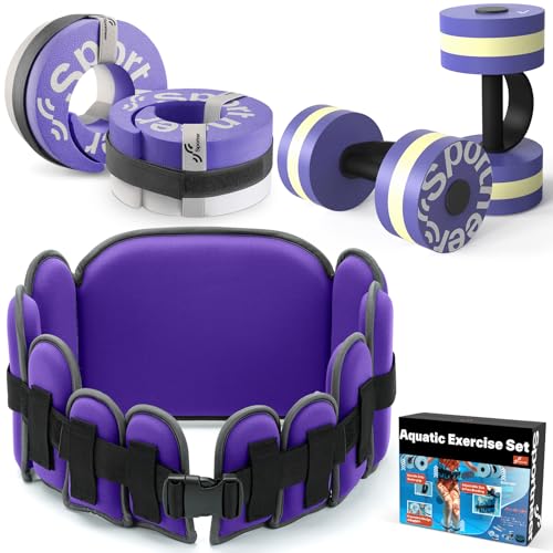 Sportneer Aquatic Exercise Equipment Water Aerobics Combo Set Includes High Density Water Weights Dumbbell Aqua Belt Water Ankle Weights for Pool Exercise Aquatic Therapy Pool Fitness Water Exercise - color: Purple, style: Aqua Exercise Set with Foam Cuff