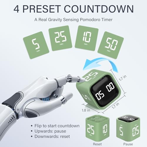 Rotating Pomodoro Timer 5, 25, 10 50 Minutes Preset, Desk Productivity Flip Timer, ADHD Tool Cube Countdown Stopwatch, Vibration/High/Low Volume/Custom Modes, for Work, Study, Back to School, Green - color: Green