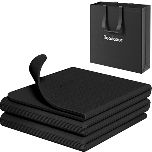 Readaeer Foldable Yoga Mat for Travel Folding Yoga Mat 6mm Thick with Carrying Bag, Non-Slip TPE Exercise Pilates Mat for 72" L x 24" W x 0.24 Inch | TPE Exercise Mat With Carrying Bag for Home Workout, Yoga, Pilates, Stretching - color: Black