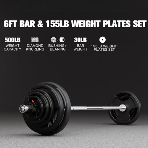 RitFit Barbell Weight Set - 4/6FT Olympic Barbell with Weight Plates (55-115LB Total) - Weightlifting Equipment for Squats, Curls, Deadlifts, Presses, Hip Thrusts - color: Black, size: 6FT With 155LB Plates