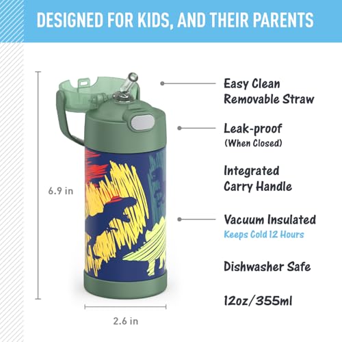THERMOS FUNTAINER Water Bottle with Straw, 12oz, Dinosaurs | Kids Stainless Steel Insulated Water Bottle, Keeps Drinks Cold Longer for School & Play, BPA-Free - color: Dinosaurs, size: 12 Ounces