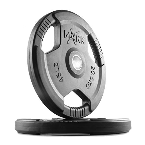 XMARK TRI-GRIP Pair or Set of Olympic Weight Plates, Rubber Coated Exercise Weights for Olympic Barbell, Strength Training Weight Set for Home Gym - color: 04) 45 lb pair