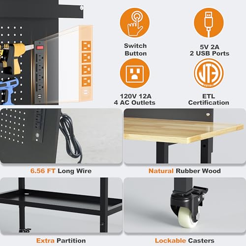 60" Heavy Duty Adjustable Workbench with Large Pegboard& Partition, Adjustable Work Table with Power Outlets & Lockable Wheels, Rubber Wood Workstation for Garage, Workshop, Office, Home, Commercial - size: Large Pegboard /Power Outlets / Partition / 60"x