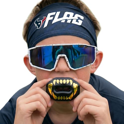 Oral Mart Flag Football Mouth Guard with 3D LipFit Design for Kids - Youth Football Mouthguard (No Boil) Cool Instant Fit Lip Guard Mouthpiece for Braces (Detachable Helmet Strap Included) - color: Golden Fangs