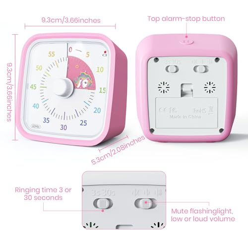 Yunbaoit Unicorn Visual Timer for Kids, Silent 60-min Countdown Timer, Pink | Protective Case, No Ticking, Mute and Ringing Alarm Available, Time Management Tool, Low Power Reminder, for Study,Game,Work - color: Pink Unicorn