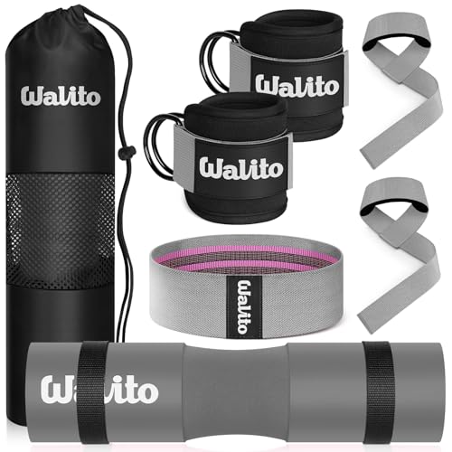WALITO 8Pcs Barbell Pad Set for Hip Thrust - Squat Pad,Gym Accessories for Women with Bar Bad,Bench Press, with Gym Ankle Straps,Resistance Bands for Working Out,Lifting Strap,Carry Bag - color: Grey