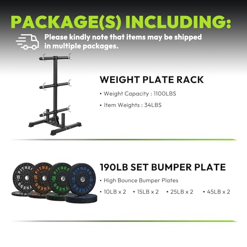 HANDBODE Weight Plate Rack with Barbell Storage, 1100 lbs Capacity | 6-Peg Vertical Holder for 1- or 2-Inch Plates, Heavy-Duty Organizer for Home Gym - style: 190 LB - Set with Rack