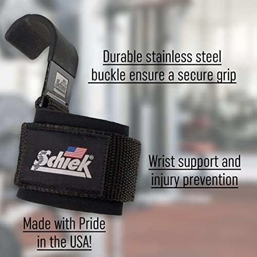 Schiek Sports 1200 Power Lifting Hooks - Maximum Grip Support in Heavy Lifting - Snug Fit - color: Black