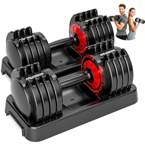 25/55lb Pair Adjustable Dumbbell Set, Adjustable Dumbbells Set of 2, 5 in 1/10 in 1 Free Weights Dumbbells Set with Anti-Slip Texture Handle, Weight Set For Home Gym Suit both Men and Women - color: Red 55LBS Pair