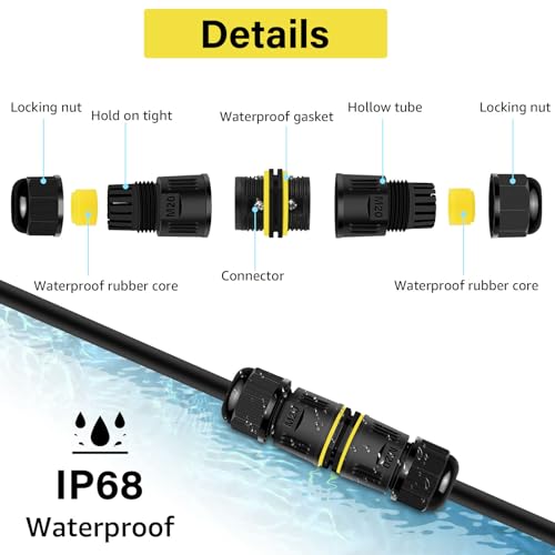 NineLeaf 24 Pack Waterproof Electrical Cable Connector, 3-Pin M20 Screw Type Wire Connectors Ø5-12mm, IP68 Waterproof Junction for Outdoor Garden Lights, Landscape, Underground Wiring - size: 24PK, style: Screw Tighten