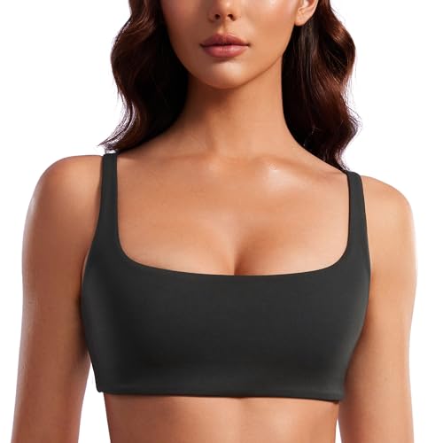 CRZ YOGA Butterluxe Square Neck Sports Bras | Light Support, Removable Pads, Yoga, Extremely Soft, Low Coverage, Adjustable Spaghetti Straps, for Women - color: Black, size: Large