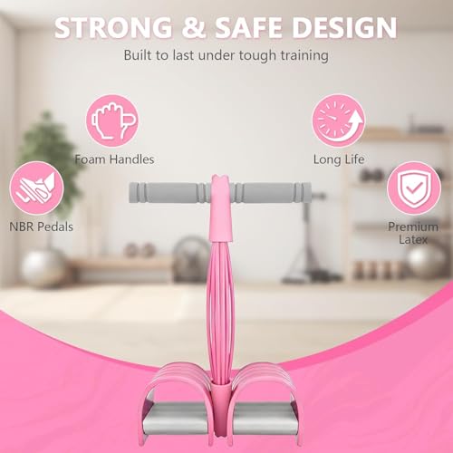 Pedal Resistance Band with Handle, 8-Tubes Multifunction Pedal Resistance Band, Natural Rubber Foot Pedal Resistance Band, Exercise Bands with Handles for Abdomen, Waist, Arm, Leg, Pink