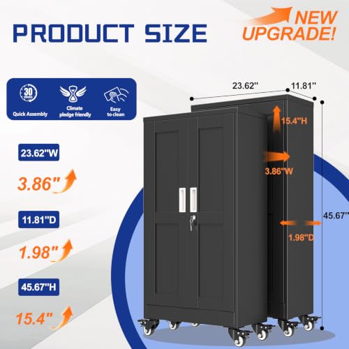 GAIOUS Metal Garage Storage Cabinet with Lock and Wheels, 45.7" Tall Metal Storage Cabinets with Locked Door and 3 Adjustable Shelves, Rolling Tool Cabinet, Utility File Cabinet for Home Office, Black - color: Black, size: 11.81"D x 23.62"W x 45.67"H