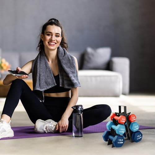 HolaHatha 1, 2 and 3 lb Neoprene Dumbbell Strength Training Weight Set with Rack - color: Blue/Red, size: 60 LB