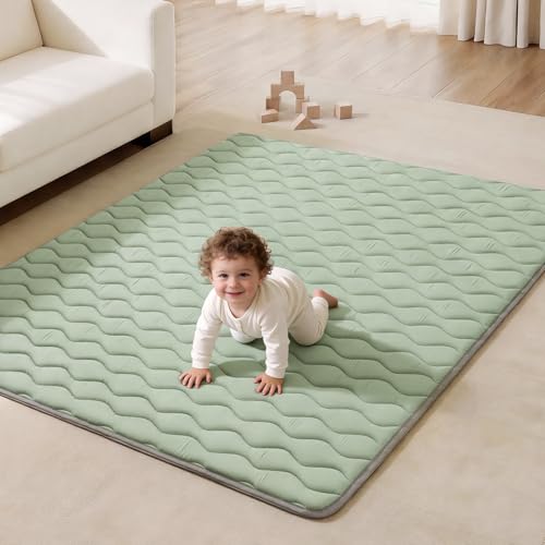 Blissful Diary Baby Play Mats for Floor, 71x59 Inch Extra Thicker & Large Soft Cushioning Foam Playmats for Babies and Toddlers, Foldable Washable Baby Crawling Mat for Playpen, Sage Green - color: Sage Green, size: 71" X 59"