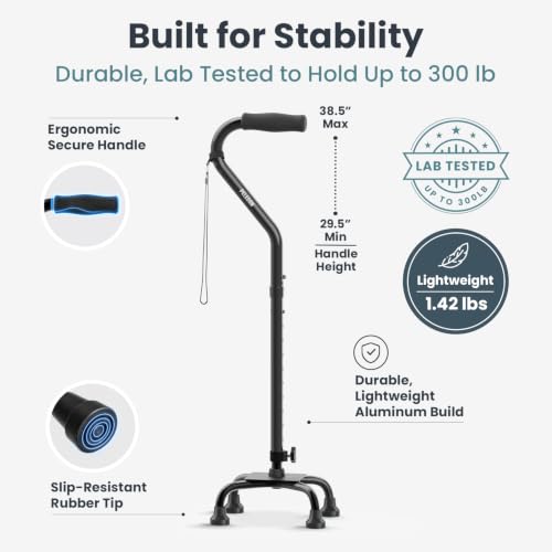 PELEGON Quad Cane (300 lb) - Adjustable Walking Cane with A Large 4 Pronged Base for Extra Balance & Stability, Walking Canes for Seniors, Walking Cane for Men & Women, Walking Sticks - color: Black-Lightweight