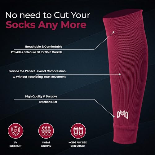 MediCaptain Pre Cut Soccer Sock Sleeves, Companion for Soccer Grip Socks, Securely Holds Shin Guards, Compression Leg Warmer - color: Maroon