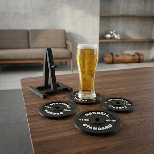 Weight Plate Coaster Set of 4 with Weight Rack Holder-Fun Drink Coasters for Gym Lovers & Fitness Enthusiasts-Unique Lifting Decor Gift for Home,Office, Man Cave-Heavy Duty & Durable,and Lightweight.