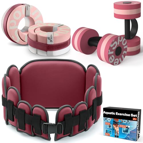 Sportneer Aquatic Exercise Equipment Water Aerobics Combo Set Includes High Density Water Weights Dumbbell Aqua Belt Water Ankle Weights for Pool Exercise Aquatic Therapy Pool Fitness Water Exercise - color: Pink, style: Aqua Exercise Set with Foam Cuffs