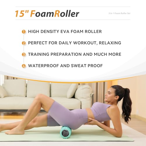 5 in1 Foam Roller Set, Trigger Point Foam Roller, Massage Roller Stick, Massage Ball, Resistance Band for Deep Muscle Massage Pilates Yoga,Fitness Exercise for Whole Body (Pure Turquoise) - color: Pure Turquoise
