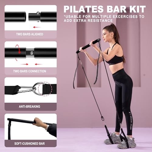 Pilates bar kit Multiple Fitness bar with Resistance Bands, Ab Rollers.Core Strength Training Equipment. Squat Machine for Men and Women.Portable Home Gym Pilates bar kit for Full Body Training Women - style: Basic black