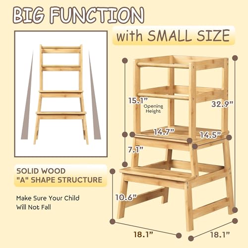 Elevon Kitchen Step Stool with Safety Rail, Multipurpose Standing Support Platform, Wooden Anti-Slip Step with Stable A-Frame Structure for Home Use, Natural - color: Bulywood
