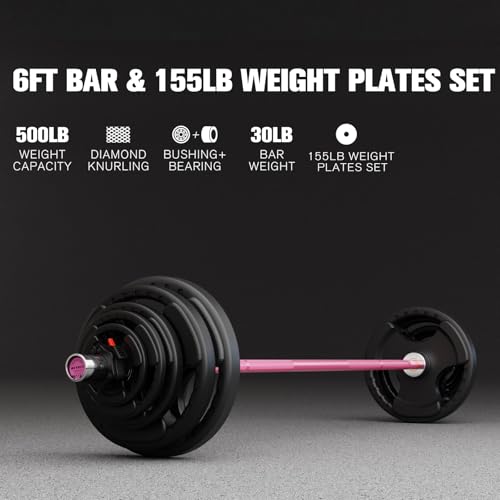 RitFit Barbell Weight Set - 4/6FT Olympic Barbell with Weight Plates (55-115LB Total) - Weightlifting Equipment for Squats, Curls, Deadlifts, Presses, Hip Thrusts - color: Pink, size: 6FT With 155LB Plates