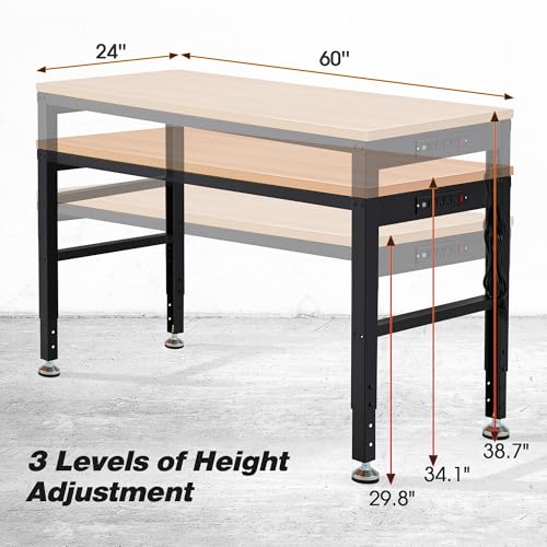 Antifir 60” Adjustable Workbench，Heavy Duty Wood Work Bench 2000 Lbs Load Capacity,Work Table with Power Outlet for Garage, Workshop, Office, Home - size: 60x24" With Socket