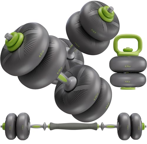 LIFERUN Adjustable Dumbbell Set, Soft PVC Coated, 45lbs/67lbs Free Weight Set Home Gym, 4-in-1 Used As Barbell, Dumbbells, Kettlebell, Weight Plates, Weights Dumbbells Set, Space Saving Fitness Exercise For Men/Women - color: Grey, style: 45lb
