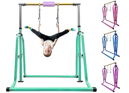 Foldable & Moveable Gymnastics Horizontal Bar with Rings,3’to 5’Adjustable Height Expandable Junior Kip Bar for Home,Indoor Gym Equipment for Kids - style: Foldable Green with Rings