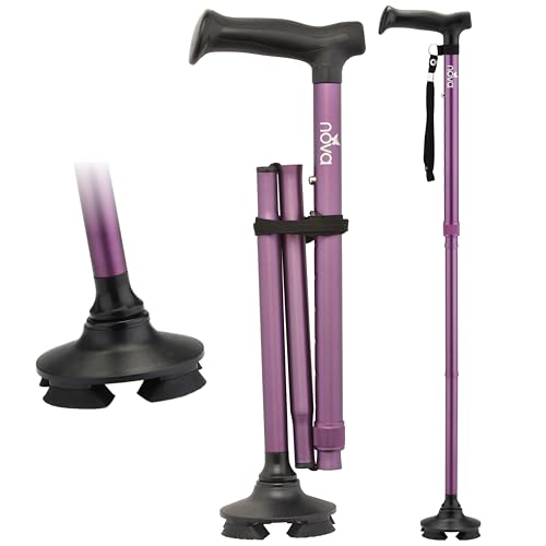 NOVA Foldable Quad Cane for Seniors, Self Standing Adjustable Walking Cane with Pivoting Quad Tip, Lightweight Collapsible Mobility Aid, Bonus Carry Pouch & Replacement Tips, Purple - color: Purple