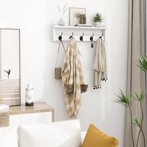 Homode Coat Rack with Shelf Wall Mount, 24 Inch Long Wall Shelf with Hooks Underneath, Wood Hanging Coat Hanger with Hat Shelves for Entryway, Bathroom, Mudroom, White - color: White, size: 24 Inch Long