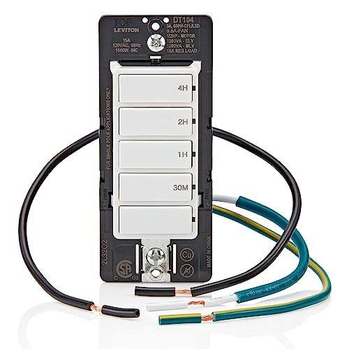 Leviton Countdown Timer Switch for household lights, heaters and exhaust fans, 30 min, 1-2-4 hour, No Neutral Wire Required, Single Pole, 15A, 1/2 HP/9.8A Fan/Motor, DT104-1LW, White - style: 1-2-4 hour, No Neutral Required