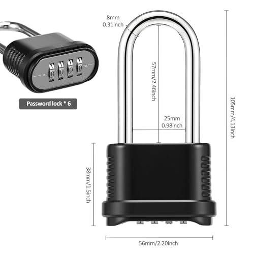 6 Pack Heavy Duty Combination Lock Weatherproof, 4 Digit Combination Padlock Outdoor, Resettable Brass Combination Locks for Gate Locker Shed Garage Fence Gym Storage Unit(Black, Long Shackle) - color: Black, Long Shackle