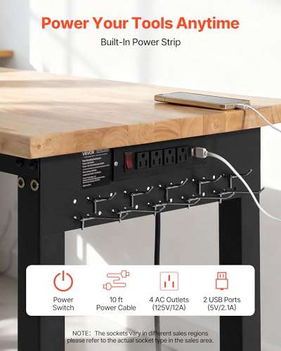 VEVOR Adjustable Workbench, 5000 lbs Capacity, 96 x 24 Inch Oak Wood Top Workstation with 4 AC Outlets & 2 USB Ports, Heavy-Duty Hardwood Worktable for Garage, Workshop, Home, Office, Commercial - size: 96 x 24 x 29.1-39 in / 2438 x 610 x 740-990 mm