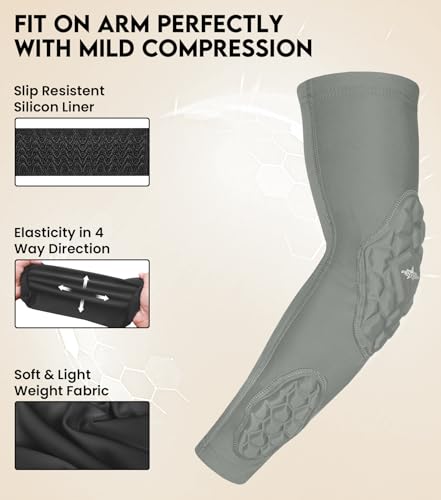 Compression Padded Arm Sleeves for Youth & Adults - Elbow & Forearm Support - Breathable Football Padded Sleeves - color: Grey, size: Adult Small