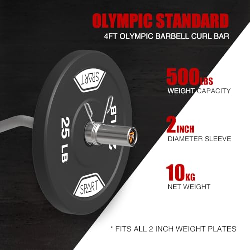 SPART Olympic Barbell EZ Curl Bar, 47INCH/4FT Strength Training Curling Bar with Knurled Grip Chrome Barbell Bar for Weightlifting, Copper Sleeve Barbell for 2-inch Weight Plates, 500 LBS Capacity - color: Chromed