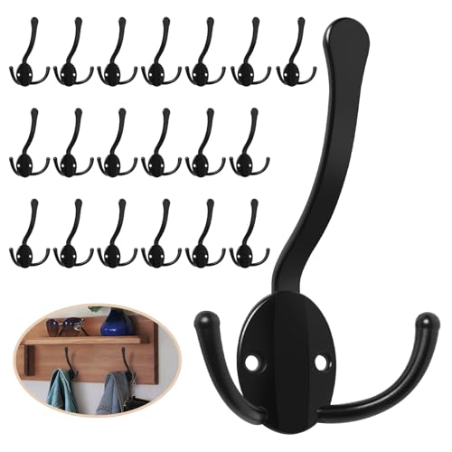 Homanu 20 Pack Coat Hooks Heavy Duty, Metal Three Prongs Large Coat Hooks Wall Mounted with 40 Screws, No Rust Black Rustic Wall Hooks for Hanging Towel, Coat, Scarf, Bag, Hat, Cup, Key - color: 20 Pcs Black