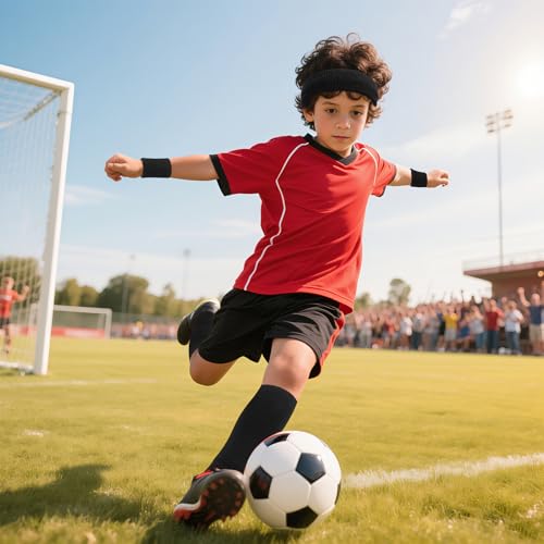 ONUPGO 5 Pieces Kids Sweatbands Soccer Socks Set - Sports Headband, Wristbands, Striped High Socks for Kids, Youth,Toddler & Baby - Football, Basketball, Running, Cycling, Tennis - color: Black