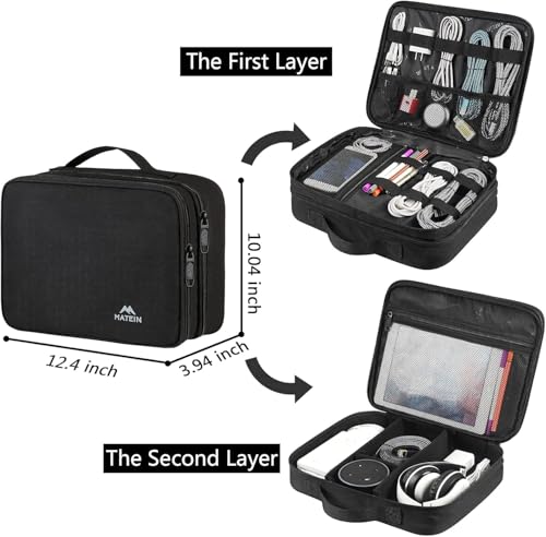 MATEIN Cable Organizer Bag, Large Travel Storage Bag Sturdy Tool Case with Handle for Phone Cord Electronics Accessories, Carrying Case for Tablet (Up to 12.9inch), Powerbank, Hard Drive, Black - color: Antique Black, size: Large
