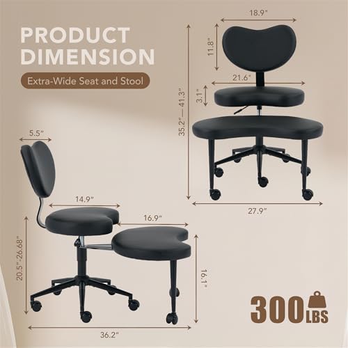 Cross Legged Office Chair, 360° Swivel Yoga Meditation Chair, Ergonomic Height Adjustable ADHD Criss Cross Office Chair with Wheels, Lumbar Support for Home Office, Black - color: Black, size: Heart Back