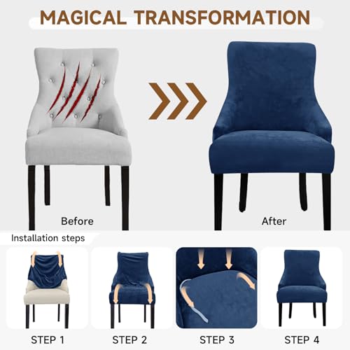 Velvet Wingback Dining Chair Cover Soft Stretch Accent Chair Cover Slipcover Thick Plush Wing Back Chairs Covers Furniture Protect Washable Chairs Protector Covers for Dining Room (Deep Blue, 2) - color: Deep Blue