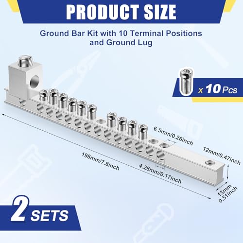 Relaxweex 2 Set Ground Bar Kit with 10 Terminal Positions and Ground Lug Bar Aluminum Grounding Lugs for Electrical Connections - size: 10 Terminal Positions
