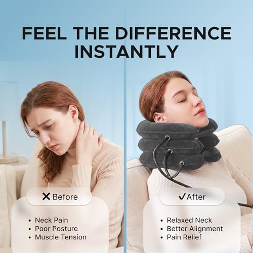 Inflatable Neck Stretcher for Neck Pain Relief, Cervical Traction Device with Hand Pump, 3-Layer Adjustable Neck Decompression Collar for Pinched Nerve, Stiff Neck & Tech Neck Support | Breathable Material - color: Platinum Grey Mist
