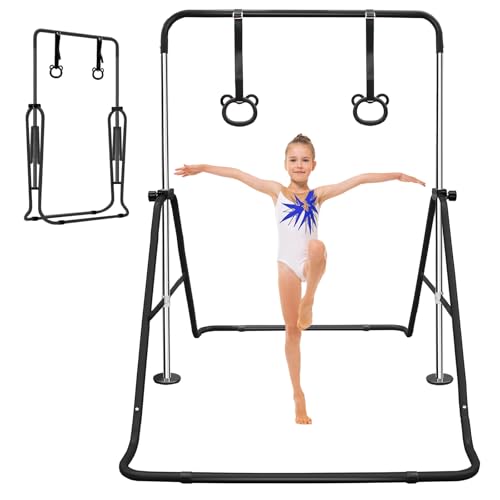 Gymnastics Bars for Kids with Rings, Junior Kip Training Bars Equipment for Home, Folding Height Adjustable Horizontal Bars - color: Black