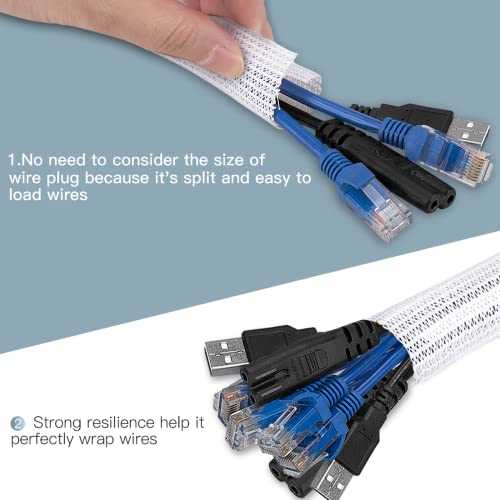 AGPTEK Cable Sleeve, 10ft - 1.5 inch Cable Management Desk Cord Cover Organizer Wire Hider for Home Office Computer TV Wire Loom Tubing Pet Proof Cord Protector from Cat Dog Chewing, White - color: White, size: 1.5"-10ft