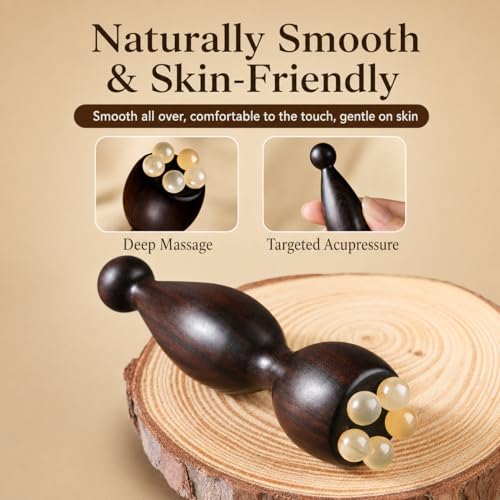Eye Massage Tool, Sandalwood Eye Massager Tool with 5 Smooth Horn Beads, Dual-End Eye Roller Tool for Puffy-Looking Eyes, Eye Massage Stick for Face and Under Eye Self Care, 1 Pack - color: Deep Wood Tone