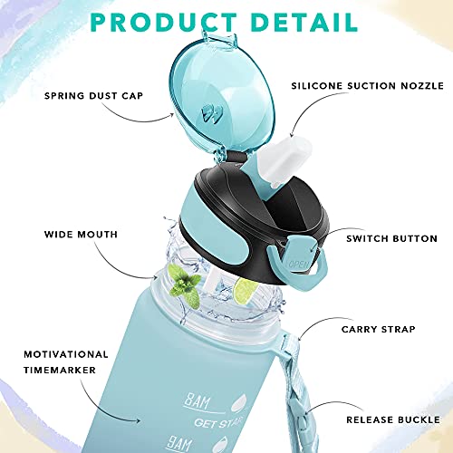 Enerbone 32 oz Drinking Water Bottle with Times to Drink and Straw, Motivational with Carrying Strap, Leakproof BPA & Toxic Free, Ensure You Drink Enough Water for Fitness Gym Outdoor - color: Green-Blue