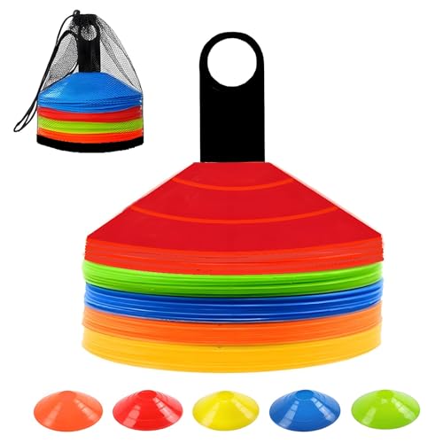 ANSLYQA Soccer Cones (Set of 50), Agility Training Disc Cone with Carry Bag and Holder for Drilling Football Basketball Sports Field Markers, - color: 5 Colors